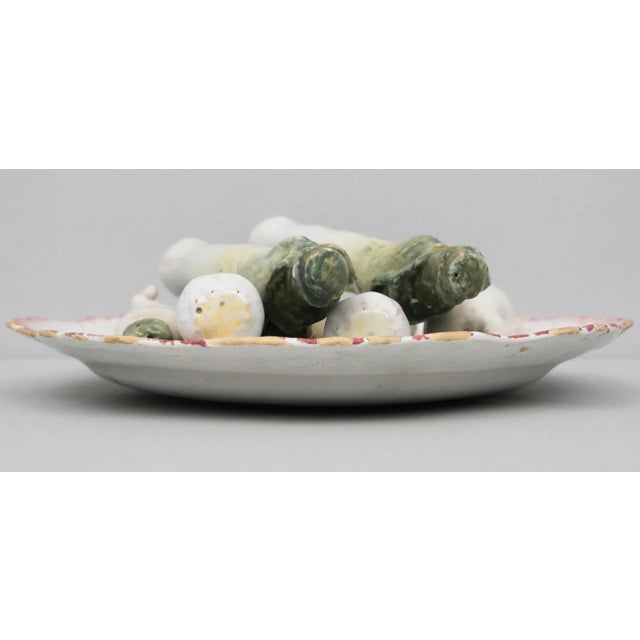 Textile Antique 18th Century French Tin Glaze Faience Delft Tromp l'Oeil Plate With Vegetable Sculpture of Leeks For Sale - Image 7 of 11