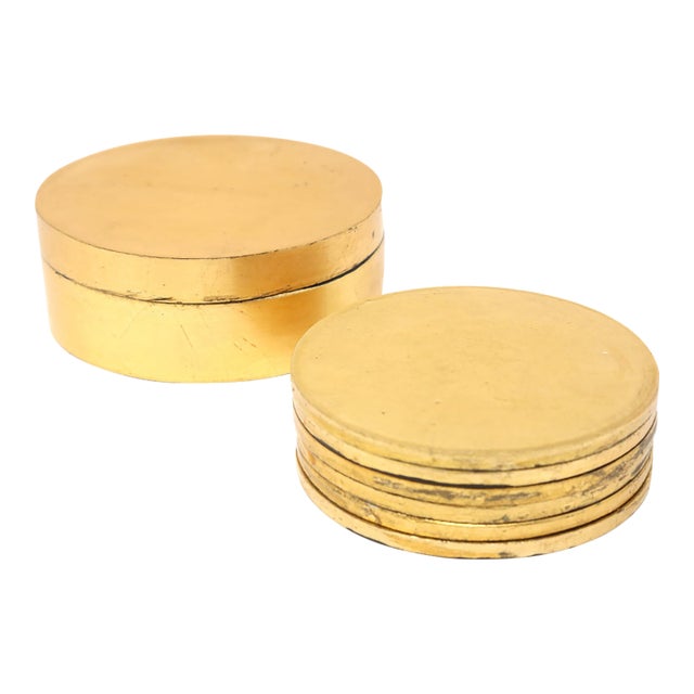 Vintage Gold Leaf and Lacquer Beverage Coaster Set With Lidded Holder — Set of 7 For Sale