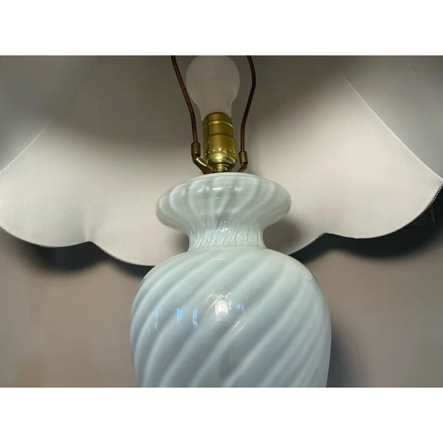 Mid 20th Century Vintage Light Blue Swirled Murano Glass Table Lamps With Fabric Shades - Pair For Sale - Image 5 of 7