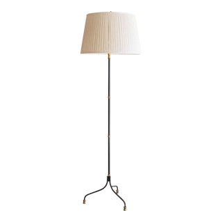 French 1940’s Black & Brass Floor Lamp, With Linen Shade For Sale