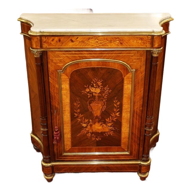 Late 19th Century French Napoleon III Marble Top Inlaid Server Side Cabinet For Sale