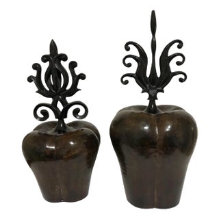 2005 Montaage of India Bronzed Brass Urns With Scrolled Lids - Set of 2 For Sale