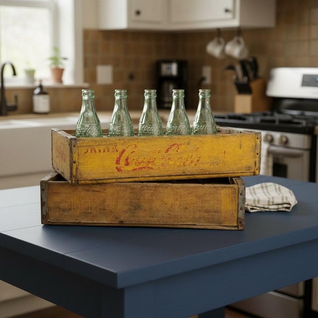 1950-60’s Vintage Yellow Coca-Cola Wooden Delivery Crates & 5 Hobbleskirt Bottles Lot includes 7 pieces- 2 crates and 5...