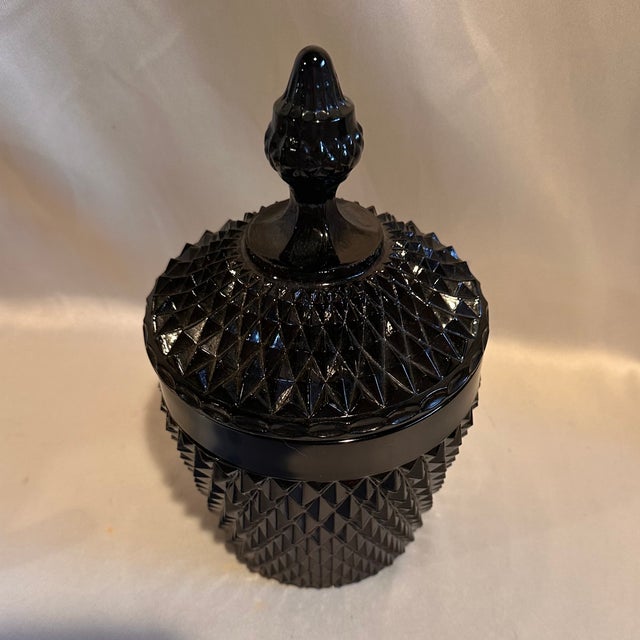 Timeless black glass ice bucket or cookie jar with intricate diamond point texture. Check my shop for more black Indiana...