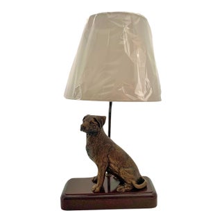 Late 20th Century Figural Golden Retriever Dog Table Lamp, Metal on Wood Base With Shade, 21.5"h For Sale