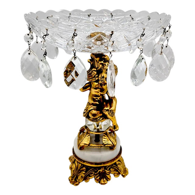Hollywood Regency Gilt Cherub Centerpiece Bowl With Hanging Crystal Drops and Ornate Footed Base For Sale