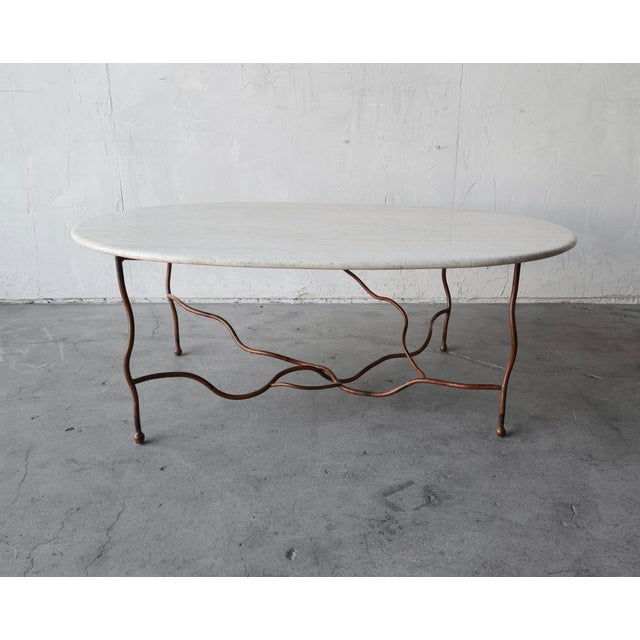 Oval Travertine Coffee Table With Hand-Forged Iron Base For Sale - Image 4 of 11
