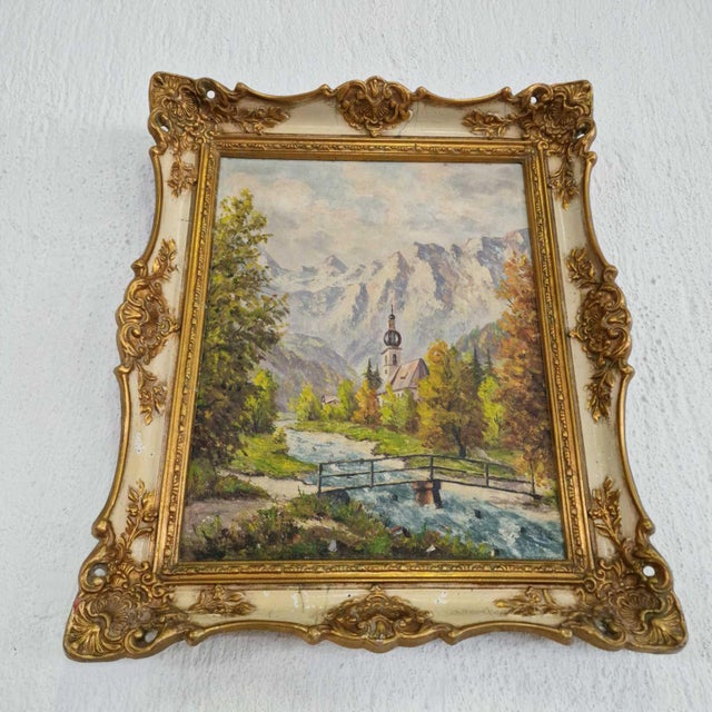 Landscape with Mountain, Nature and Church, 20th Century, Oil on Canvas, Framed For Sale - Image 7 of 9