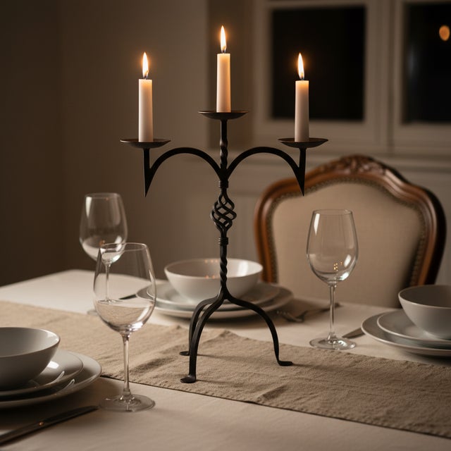 Farmhouse Hand Forged Iron Candelabra 23″ (58cm) Antique Copper Electrostatic Finish Wide Tabletop Centerpiece Decor For Sale - Image 3 of 8