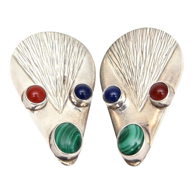 Vintage Hallmarked Sterling Silver Malachite, Carnelian, Blue Lace Agate Clip on Earrings Pair Of For Sale