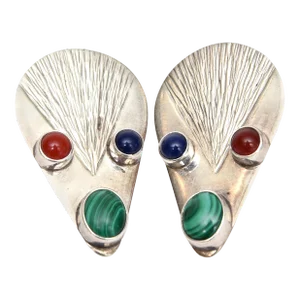 Vintage Hallmarked Sterling Silver Malachite, Carnelian, Blue Lace Agate Clip on Earrings Pair Of
