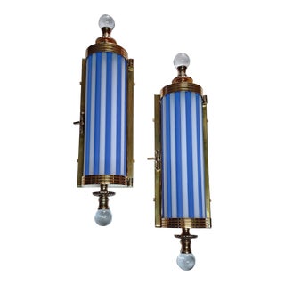 Pair of 1940s Vintage Art Deco Brass & Milk Blue Glass Rod Wall Sconces Metro Light For Sale