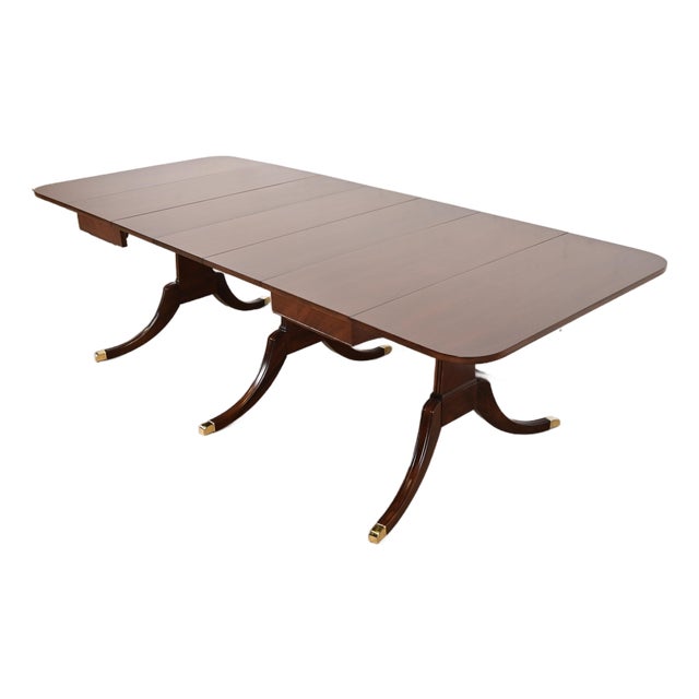Drexel Regency Carved Mahogany Drop-Leaf Triple Pedestal Extension Dining Table, Newly Refinished For Sale
