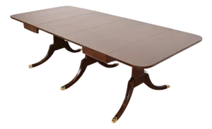 Drexel Regency Carved Mahogany Drop-Leaf Triple Pedestal Extension Dining Table, Newly Refinished