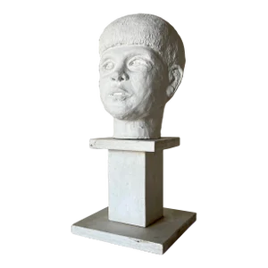 Vintage White Painted Terracotta Boy Bust Sculpture on Wood Stand
