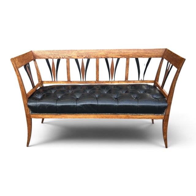 Vintage Sculpted Wood Bench With Button-Tufted Black Leather Seat For Sale In Los Angeles - Image 6 of 12