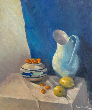 "The Sunny Still Life With Antique Vase, Jug and Citruses" Original Impressionist Fruits Oil on Canvas Painting Art by Anna Novick
