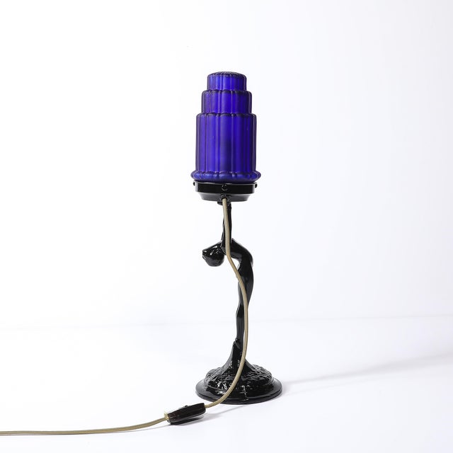 Art Deco Cobalt Blue Glass & Black Enamel Nude Sculpture Table Lamp Signed Nuart For Sale - Image 12 of 16