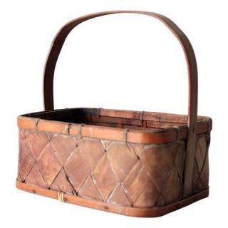 Vintage Woven Splint Basket With Bentwood Handle For Sale