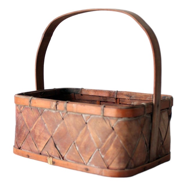 Vintage Woven Splint Basket With Bentwood Handle For Sale