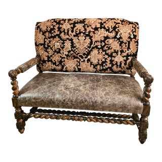 Custom Louis XIII Revival Loveseat/Bench With Distressed Leather and Tapestry Upholstery For Sale