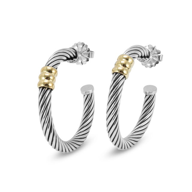 Modern Vintage David Yurman 14k Yellow Gold 925 Silver Two-Tone Metro Hoop Earrings, A Pair For Sale - Image 3 of 8