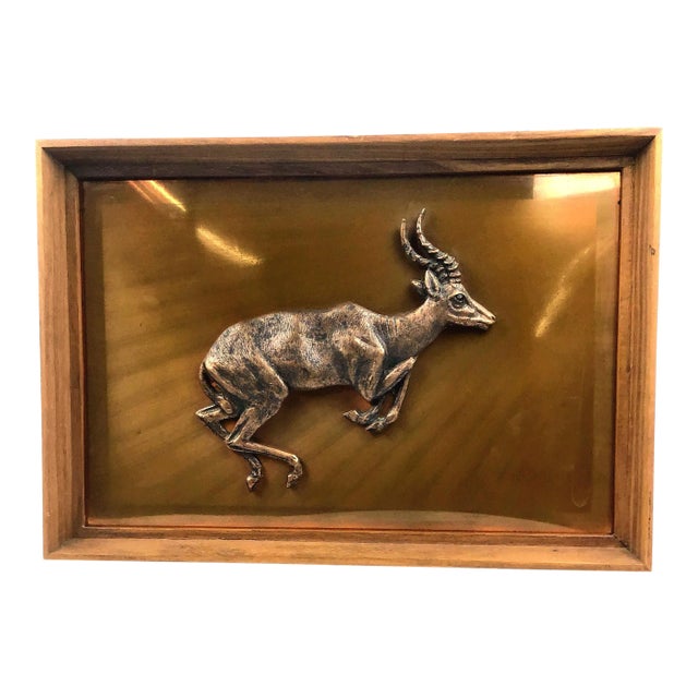 1950s Vintage Zambian Copper Hand Carved Impala Framed Wall Sculpture For Sale