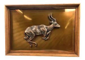 1950s Vintage Zambian Copper Hand Carved Impala Framed Wall Sculpture