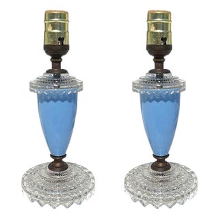 Early 20th Century Two Petite Art Deco Blue Cut Glass Table Lamps - A Pair For Sale