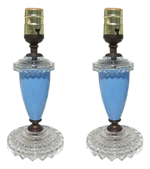 Early 20th Century Two Petite Art Deco Blue Cut Glass Table Lamps - A Pair