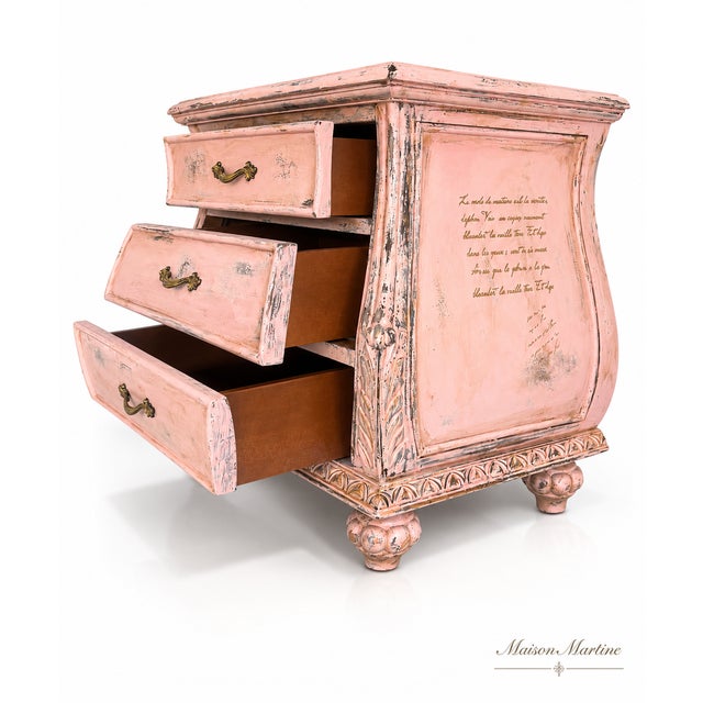 Light Pink Hand-Painted French Provincial Style Blush Pink Distressed Chest / Nightstand – 3 Drawers Category: For Sale - Image 8 of 9