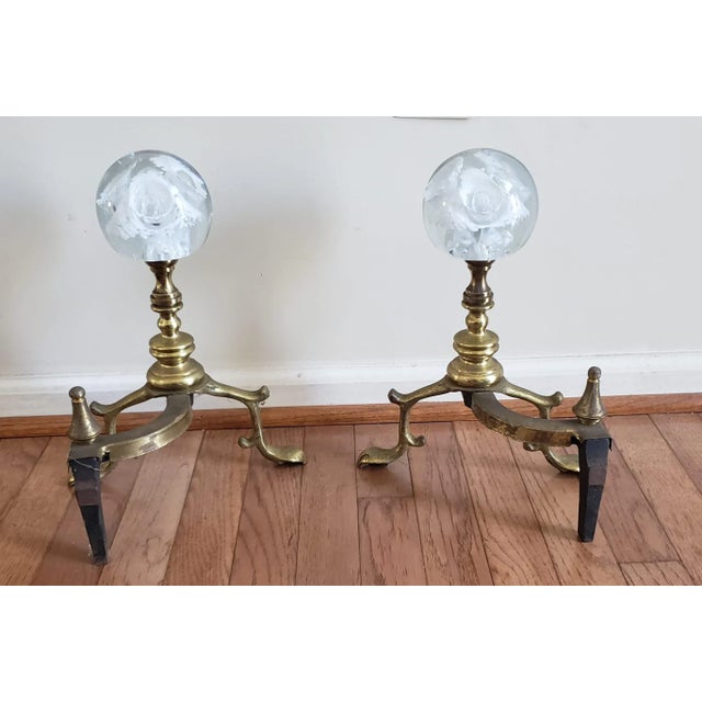 Pair of Regency Brass & Murano Glass Ball Andirons For Sale In Washington DC - Image 6 of 8
