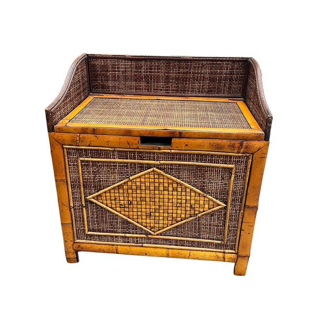 Vintage British colonial style bamboo and grasscloth nightstand storage box. Diamond pattern accentuates the front. Mixes...