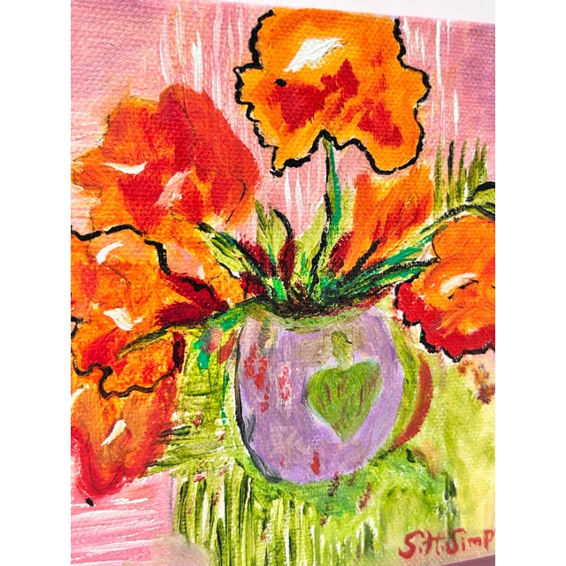 Vintage Mini Floral Still Life Painting on Canvas – Bright Poppy Flowers, Pink Cottagecore Wall Art, Signed For Sale In Louisville - Image 6 of 8
