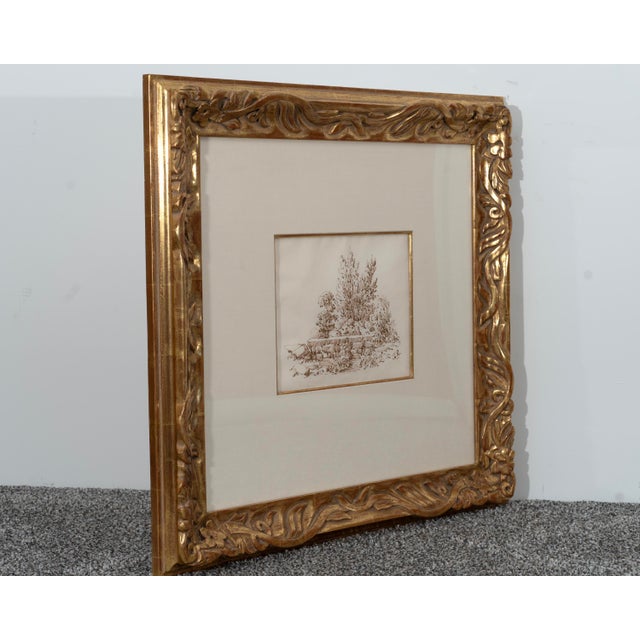 French Provincial Mid 19th Century Original Théodore Rousseau, Landscape With Stone Fence, Walnut Ink on Paper, 22k GGL Gilded Frame For Sale - Image 3 of 5