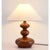 Milk-white linen fabric shade (soft light transmission), walnut wood-textured rounded lamp body. Warm light through fabric...