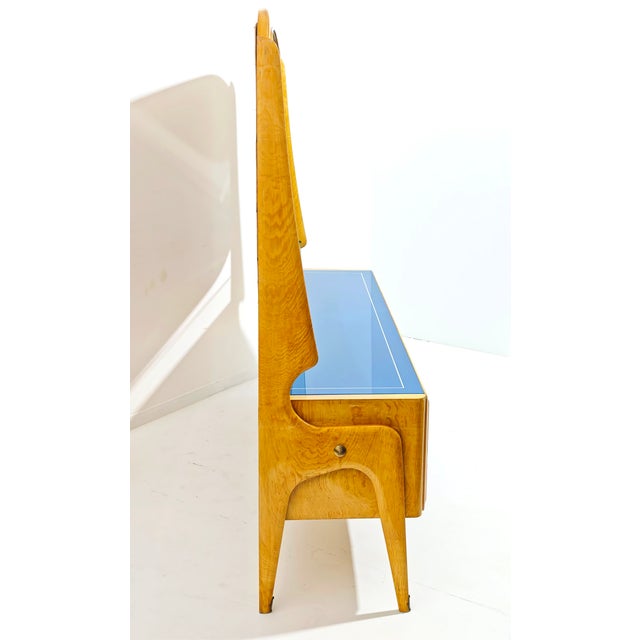 Brown Italian Sideboard with Mirror in Maple Wood, Blue Glass and Brass, 1960s For Sale - Image 8 of 13