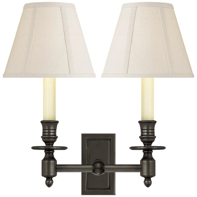 Traditional Visual Comfort Signature French Double Library Sconce in Bronze with Linen Shades For Sale - Image 3 of 3