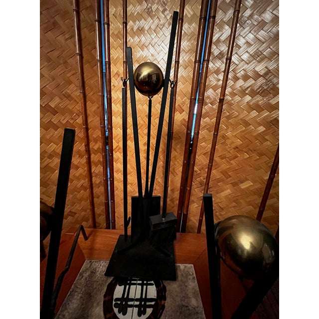 Black Donald Deskey MCM Fireplace Tools Iron Andirons and Fireplace Tool Set- 6 Pieces For Sale - Image 8 of 10