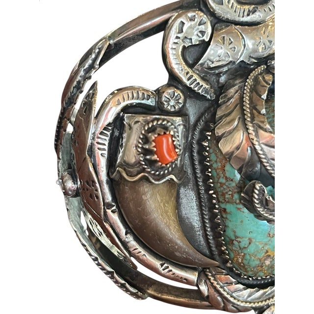 1940s Royston Turquoise, Coral and Bear Claw Sterling Silver Bracelet, Signed For Sale - Image 4 of 9