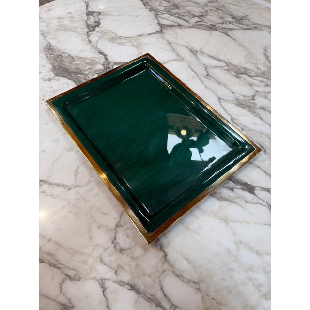 1970s Vintage Brass & Emerald Green Lacquer Serving Tray For Sale - Image 5 of 6