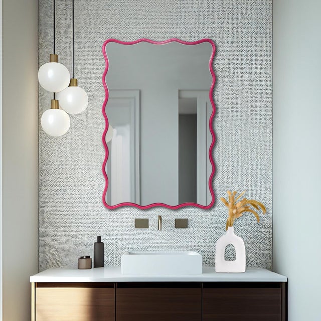 Pink Maya Rectangular Waved Edge Mirror in Glossy Hot Pink For Sale - Image 8 of 11