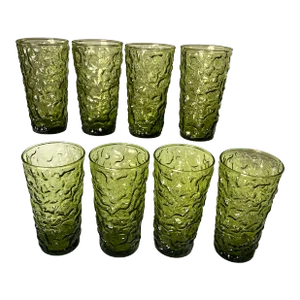 1970s Anchor Hocking Lido Crinkle Glass Tumblers in Avocado - Set of 8