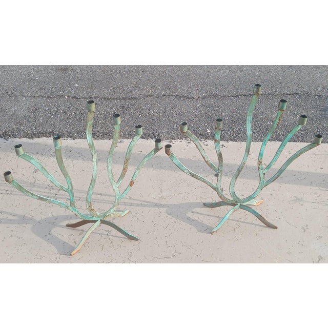 Vintage 7 Arm Brutalist Candelabra Hand-Forged Iron and Copper With Verdigris, a Pair For Sale - Image 14 of 15