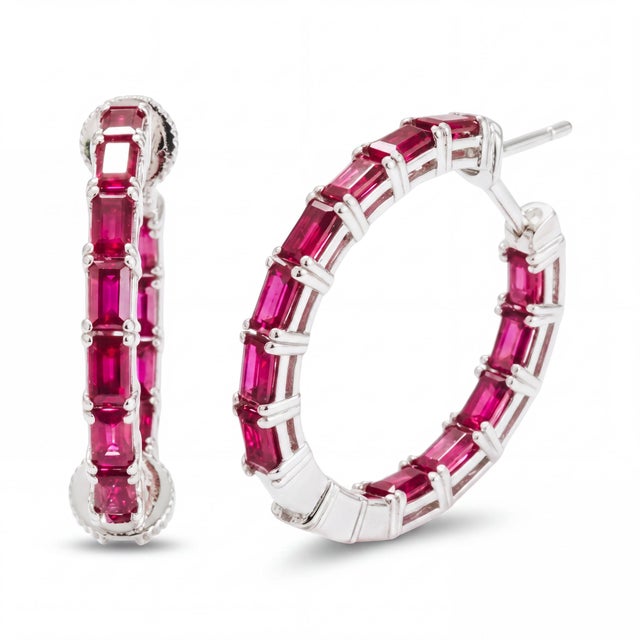 Metal 14k White Gold Twist Lock Inside-Out Hoop Earrings, 2.35ct Rubies For Sale - Image 7 of 7