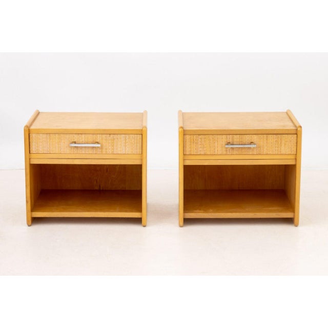 Pair of Modern Walnut and Rattan Nightstands, each with single drawer with divided interior above an open shelf. 20.75" H...