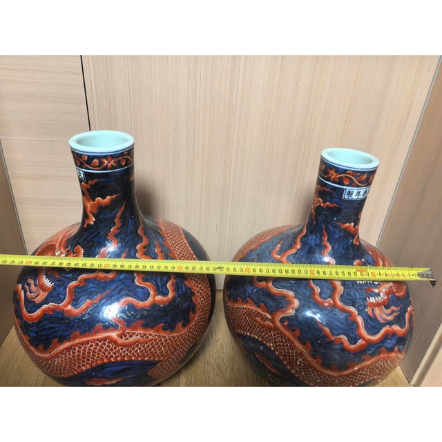 A Pair of Chinese Ceramic Vase Ming Dynasty Xuande Marked Blue Ground Famille Verte Porcelain Tianqiu Vase Hand Painted Dragon Pattern For Sale - Image 4 of 16