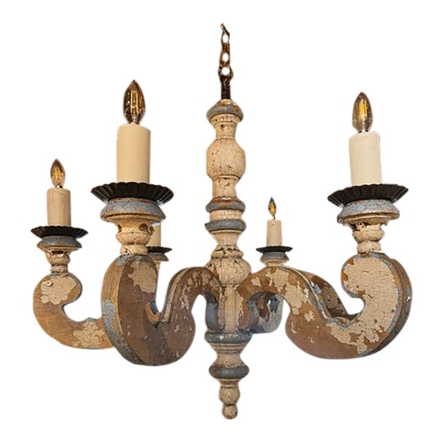 Early 20th Century Large Blue and White Chippy Wood Chandelier For Sale