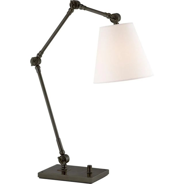 Graves Task Lamp in Bronze with Linen Shade Designer: Suzanne Kasler Height: 18.25" - 28.75" Shade Detail: 4.5" x 8" x...