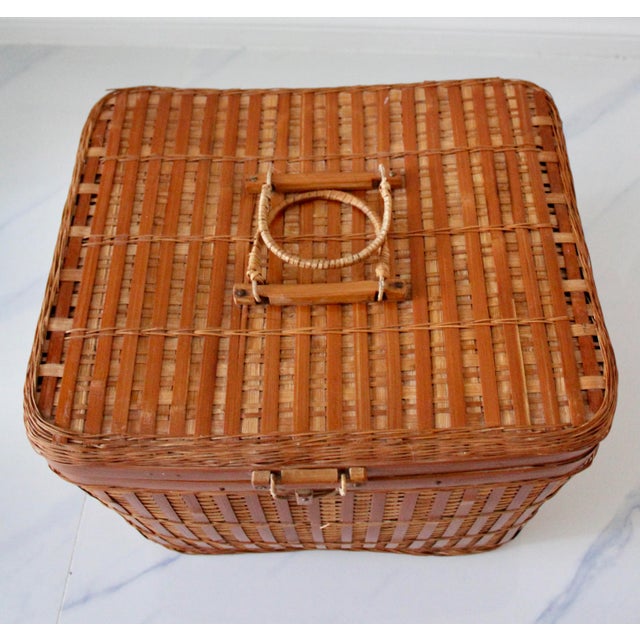 Wood Vintage Asian Large Wicker Lidded Basket With Handles For Sale - Image 7 of 11
